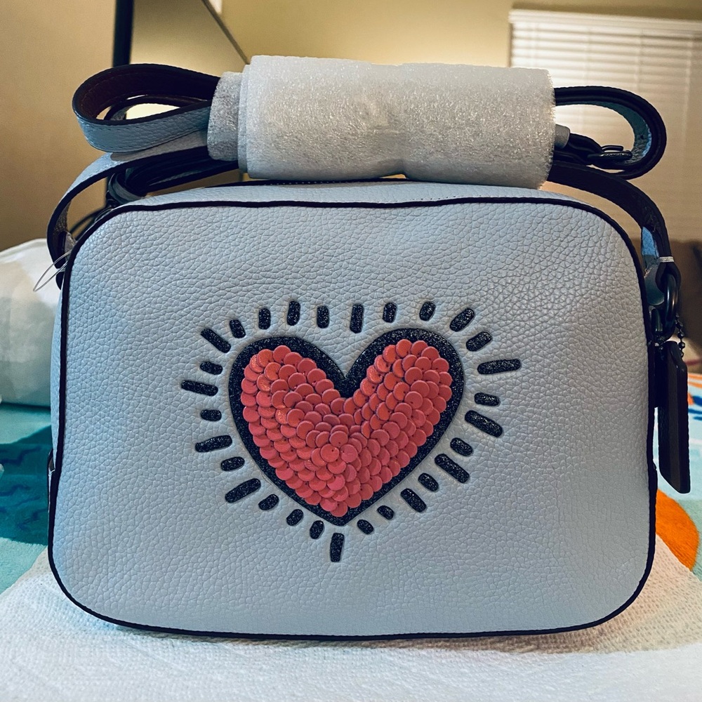 Coach X Keith Haring Camera Bag With Leather Sequins Heart. (Style No.28661)